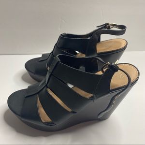 Saks Fifth Avenue Black Leather  Strap Wedges Black size 10.5